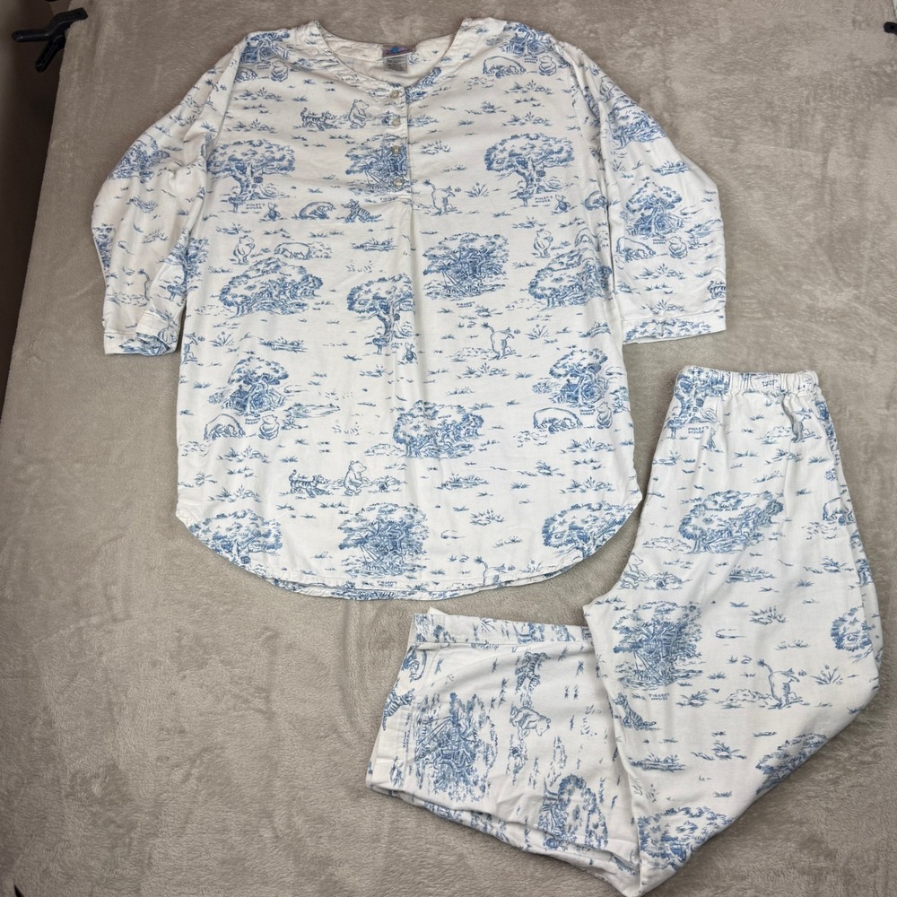 Disney Winnie the Pooh Pajama Set Womens M Blue White Toile Cotton 2pc Sleepwear